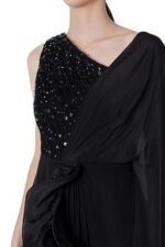Gown Saree, Black Crepe and Net, Ruffled Draped Style, Wedding - Image 4