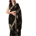 Georgette Black Saree With Attached Blouse Piece