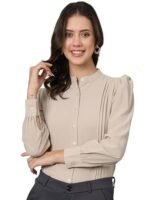Women's Trendy Design Smart Puff Sleeves Mandarin Collar Formal Shirt - Image 6