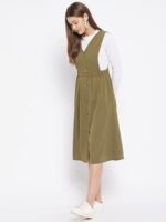 Women Solid Sleeveless Pinafore Dress with Buttons