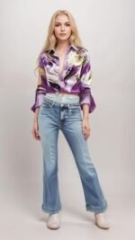 Women's Satin Shirt with Long Sleeves Western Style Spread Collar Neck Relaxed Fit Abstact Printed Pattern and Standard Length - Image 2