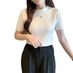 Fit Plain Stretchable Round Neck Rib Knit Short Sleeve Regular Top for Women | T Shirt | Tee - Image 3