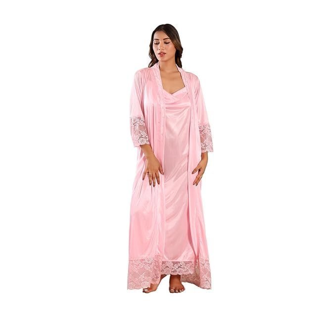 51ZMMDnVTnL._SX679_-1.jpg Nightgown Swarvoski Crystals Work Women Nighty with Lace and Robe - Image 1