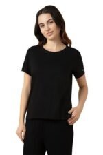 WOMEN BLACK ROUND NECK RELAX FIT LOUNGE T SHIRT - Image 2