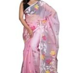 Silk Dhakai Jamdani Saree in Lemonade Pink & Off White in Multicolored Minakari Thread Work for Women Hand Woven Floral Nakashi Work Rich Texture Smooth Finish Indian Sari