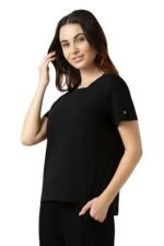WOMEN BLACK ROUND NECK RELAX FIT LOUNGE T SHIRT