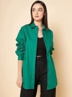 Women's oversized solid cotton green casual shirt - Image 5