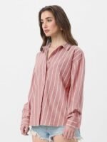 Striped Cotton Linen Shirt: Women and Girls Long Sleeves Collared Neck Button Front Cotton Linen Boyfriend Shirts - Image 5