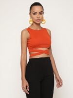 Women Orange Ribbed Tank Crop Top - Image 4