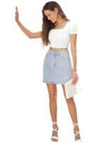 Women's & Girl's Solid High Waist Slit Below The Knee Denim Skirt - Image 3