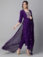 Cotton Blend Embroidered Straight Kurta with Pant & Dupatta