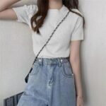 Fit Plain Stretchable Round Neck Rib Knit Short Sleeve Regular Top for Women | T Shirt | Tee - Image 5