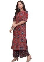 Pure Cotton Printed A-Line Kurta Set with Palazzo Pants - Ethnic Wear, Maroon - Image 5