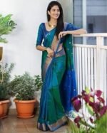 Women's Beautiful Hot Blue Shine Kanjivaram Wedding Saree With Blouse Piece - Image 2