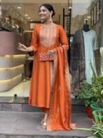 Embroidery Silk Straight Kurta and Pant Set with Dupatta - Image 3