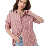 Striped Cotton Linen Shirt: Women and Girls Long Sleeves Collared Neck Button Front Cotton Linen Boyfriend Shirts