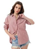 Striped Cotton Linen Shirt: Women and Girls Long Sleeves Collared Neck Button Front Cotton Linen Boyfriend Shirts
