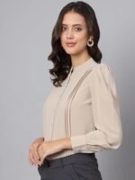Women's Trendy Design Smart Puff Sleeves Mandarin Collar Formal Shirt - Image 3