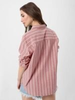 Striped Cotton Linen Shirt: Women and Girls Long Sleeves Collared Neck Button Front Cotton Linen Boyfriend Shirts - Image 3