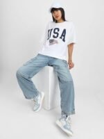 Neck Drop Shoulder Round Neck Black & White Graphic Printed Pure Cotton Oversized Baggy Fit Half Sleeve T-Shirt for Women & Girls (Sizes: S to 2XL) - Image 5