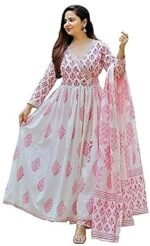 Women's Trendy Printed Cotton Blend Flared White & Pink Color Angrakha Style Lace Kurta Palazzo Set with Dupatta(YS-KS2066-M) - Image 3