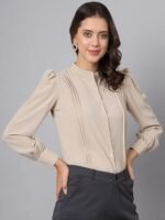 Women's Trendy Design Smart Puff Sleeves Mandarin Collar Formal Shirt - Image 2
