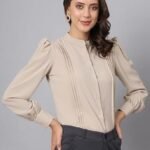 Women's Trendy Design Smart Puff Sleeves Mandarin Collar Formal Shirt