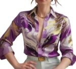 Women's Satin Shirt with Long Sleeves Western Style Spread Collar Neck Relaxed Fit Abstact Printed Pattern and Standard Length - Image 7