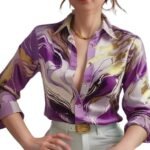 Women's Satin Shirt with Long Sleeves Western Style Spread Collar Neck Relaxed Fit Abstact Printed Pattern and Standard Length