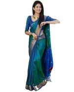 Women's Beautiful Hot Blue Shine Kanjivaram Wedding Saree With Blouse Piece - Image 3