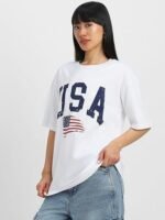 Neck Drop Shoulder Round Neck Black & White Graphic Printed Pure Cotton Oversized Baggy Fit Half Sleeve T-Shirt for Women & Girls (Sizes: S to 2XL) - Image 6