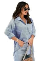 Women's Striped Pattern Button Down Full Sleeves Blue Shirt - Image 7