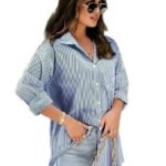 Women's Striped Pattern Button Down Full Sleeves Blue Shirt