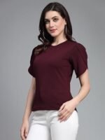 Solid Fuchsia Pink Poly Knit Smart Casual Regular Top - Image 5