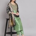 Women's Cotton Silk Blend Kurta Pant Set with Banarasi Silk Dupatta