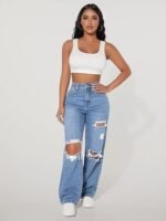 High Waist Ripped Straight Leg Pant & Trouser for Women's & Girl's - Image 3