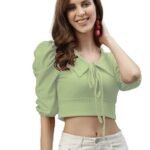 Casual Balloon Sleeve Solid Women Green Top