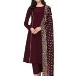Embroidered Viscose Anarkali Kurta Set with Dupatta - brown Traditional Festive