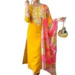 Rayon Embroidered Straight Kurta with Pant and Dupatta (Available in Plus Size)