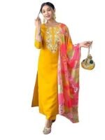 Rayon Embroidered Straight Kurta with Pant and Dupatta (Available in Plus Size)