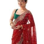 Georgette Bandhani Printed Sequence Embroidery Lace Saree With Unstitched Blouse Piece