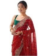 Georgette Bandhani Printed Sequence Embroidery Lace Saree With Unstitched Blouse Piece