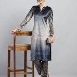 Carlo Womens Printed Round Neck Wool Blend Kurti Set Blue