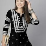 Women Black color white printed kurti set