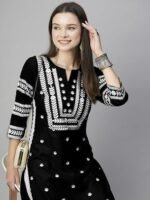 Women Black color white printed kurti set