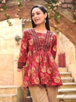 Floral Printed Cotton Blend Kurti, Square Neck, 3/4 Sleeve, Regular Fit, Waist Length, Green - Image 4