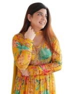 Floral Print Anarkali Kurta with Pant and Dupatta Set Anarkali Kurti for Women