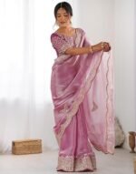 Organza Sequence Embroidery Scollped Border Saree With Unstitched Blouse Piece - Image 4