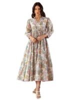 Women Rust V-Neck A-Line Dress with Bishop Sleeves, Gathered Details, Flared Hem - Casual Dress for Women, Calf Length - Stylish Dress - Comfortable Fashion