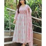 Women's Trendy Printed Cotton Blend Flared White & Pink Color Angrakha Style Lace Kurta Palazzo Set with Dupatta(YS-KS2066-M)